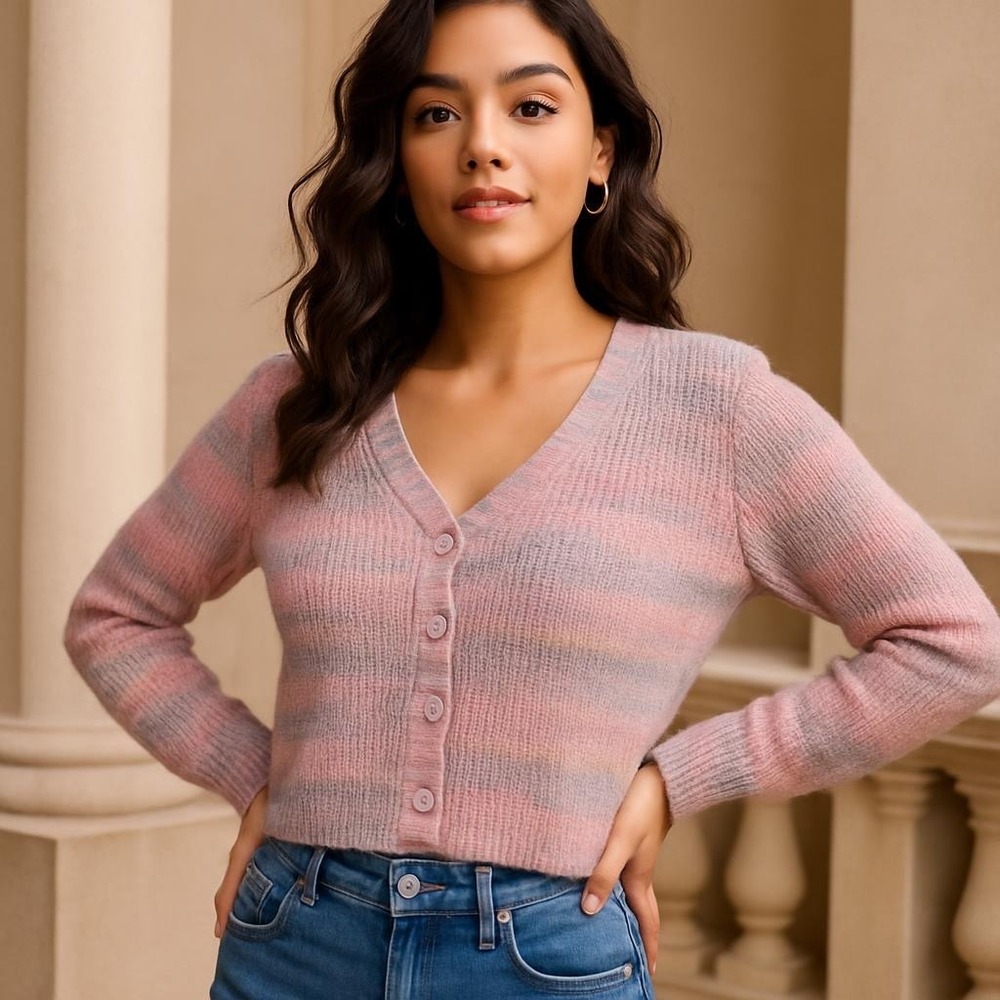 Splendid Sunset Marl Cardigan Pastel Multi-Color V-Neck Button Cardigan Sz 14